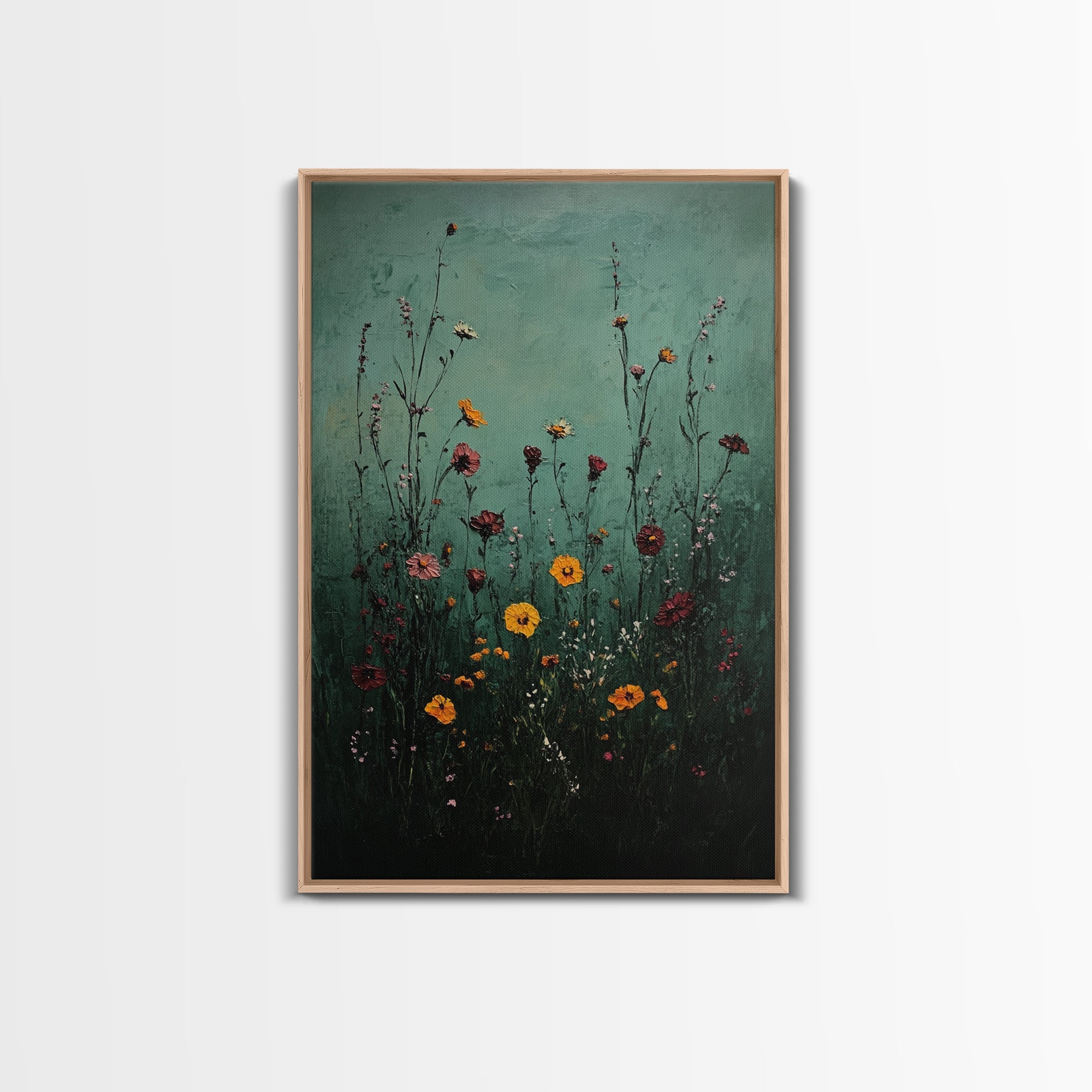 Moody Wild Flowers Print, Framed Canvas, Boho Decor, Wildflowers in a Rain Storm, Modern Farmhouse, Rustic Decor