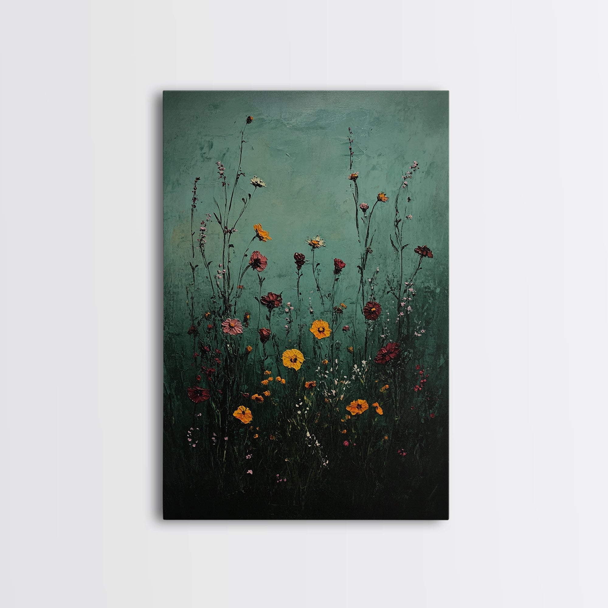 Moody Wild Flowers Print, Framed Canvas, Boho Decor, Wildflowers in a Rain Storm, Modern Farmhouse, Rustic Decor