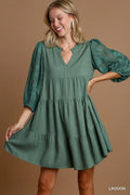 Umgee Floral Dress Refined Boho - Sophisticated Hippy Chic Floral Contrast Sleeve Tiered Dress