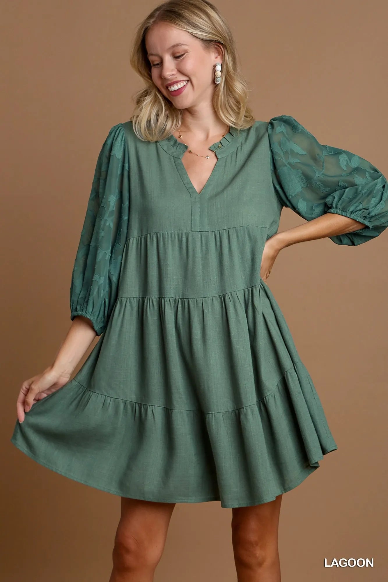 Umgee Floral Dress Refined Boho - Sophisticated Hippy Chic Floral Contrast Sleeve Tiered Dress