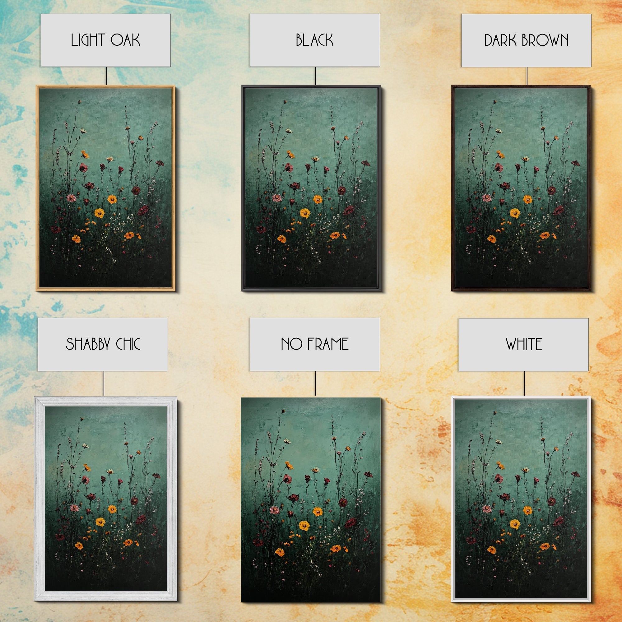 Moody Wild Flowers Print, Framed Canvas, Boho Decor, Wildflowers in a Rain Storm, Modern Farmhouse, Rustic Decor