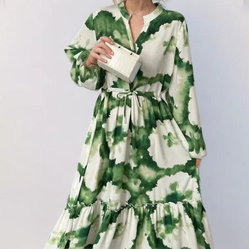 Women Clothing Vintage Printed Lantern Sleeve Waist Controlled Large Hem Dress