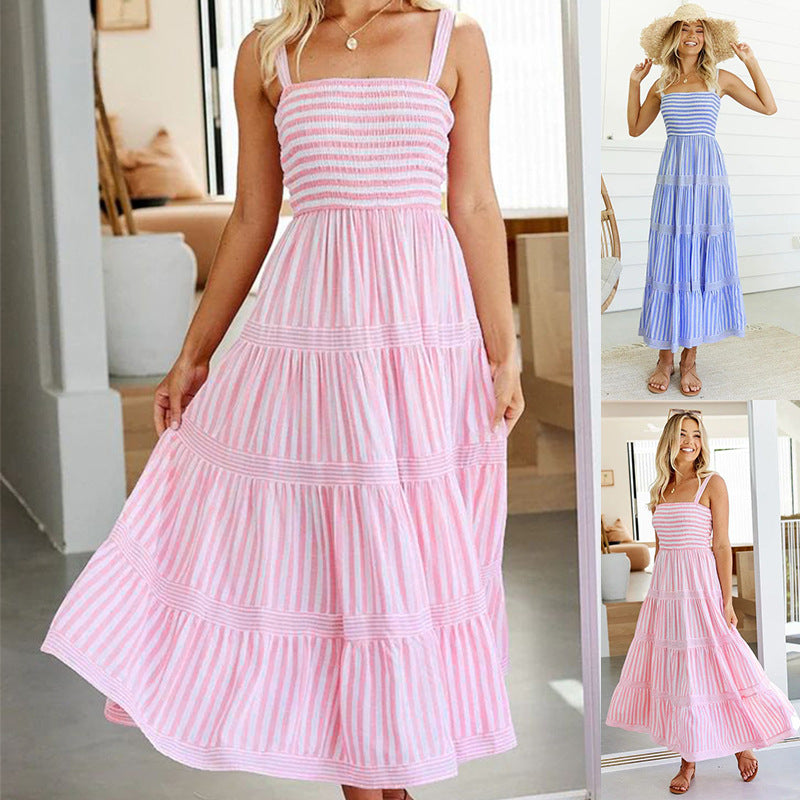 Women Clothes Strap Backless Dress Maxi Dress Striped Dress for Women