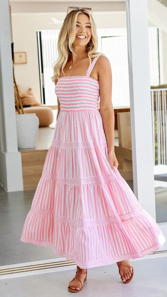 Women Clothes Strap Backless Dress Maxi Dress Striped Dress for Women