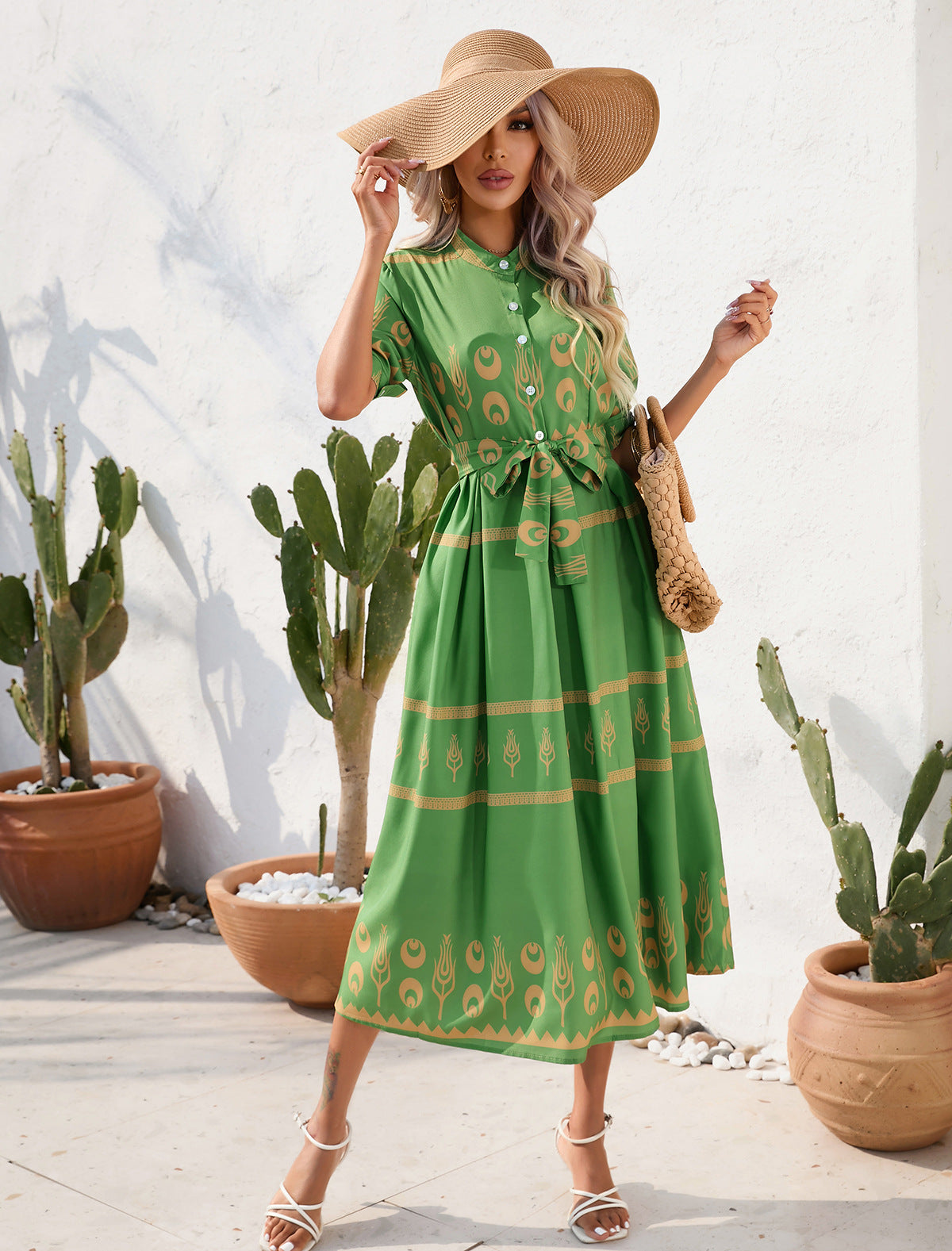 Women Clothing Station Summer National Printing Half Length Sleeve Dress