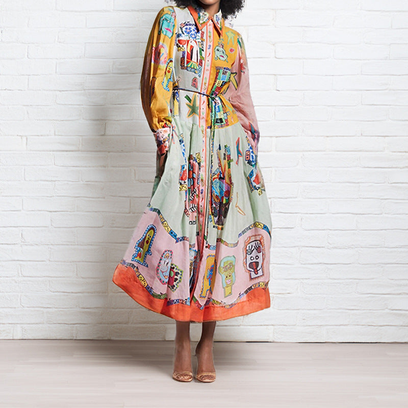 Women Clothing Vintage Printed Lantern Sleeve Waist Controlled Large Hem Dress