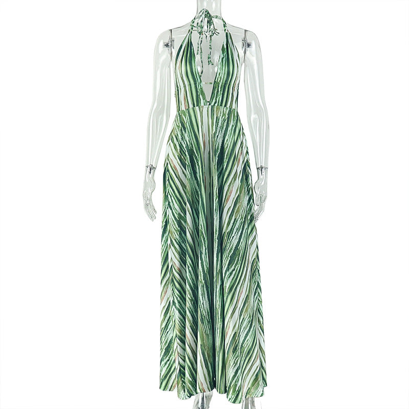 Women Clothing Printed Beach Slim Fit Comfortable A line Dress Lace up Backless V neck Halter Maxi Dress