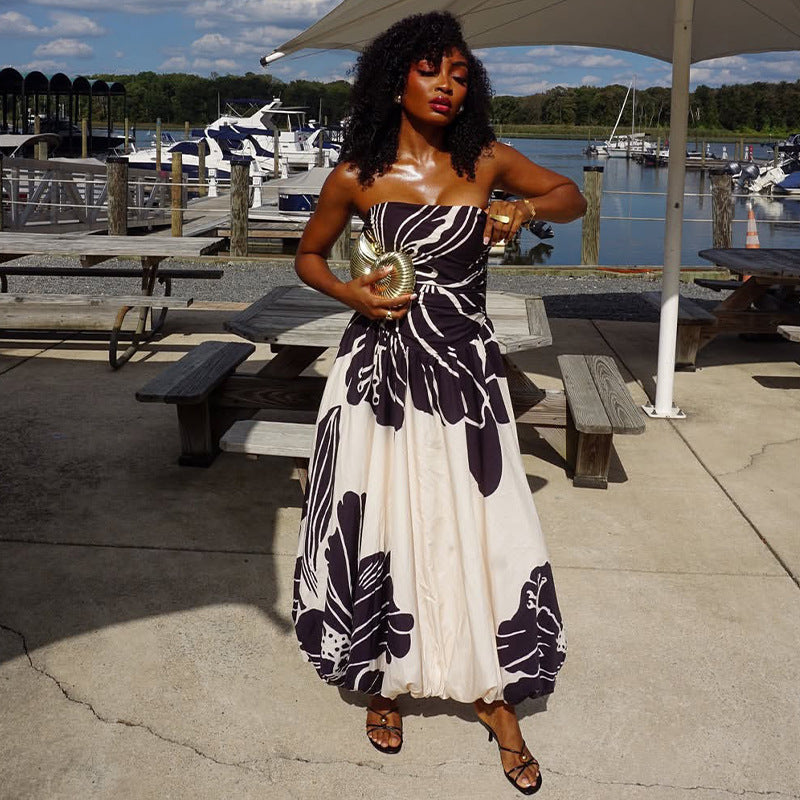 Women Clothing Travel Colorblock Printed A line Dress off Neck Sleeveless Tube Top Maxi Dress