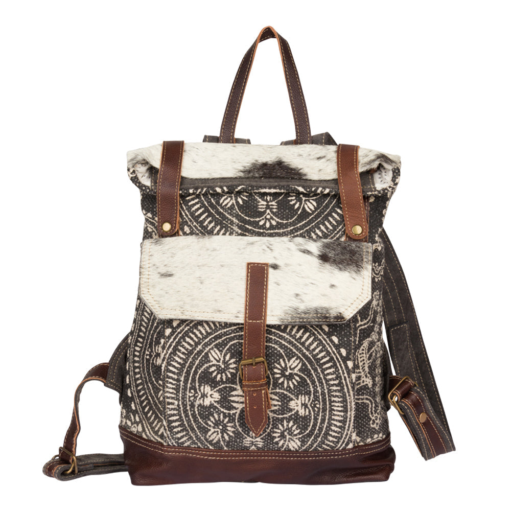 Myra Vibe with Me Hairon Canvas Backpack for Women Mandala Print, Leather Straps for Boho Travel & Western Day Trips