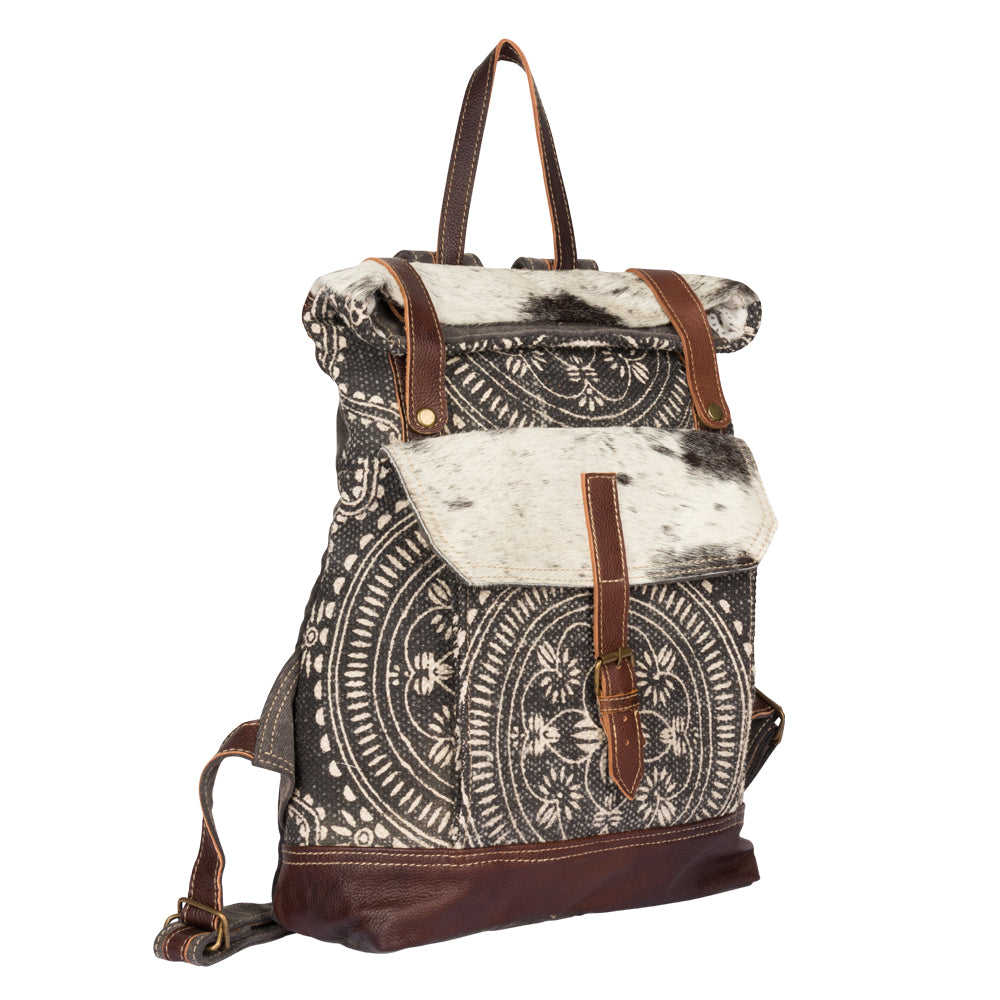 Myra Vibe with Me Hairon Canvas Backpack for Women Mandala Print, Leather Straps for Boho Travel & Western Day Trips