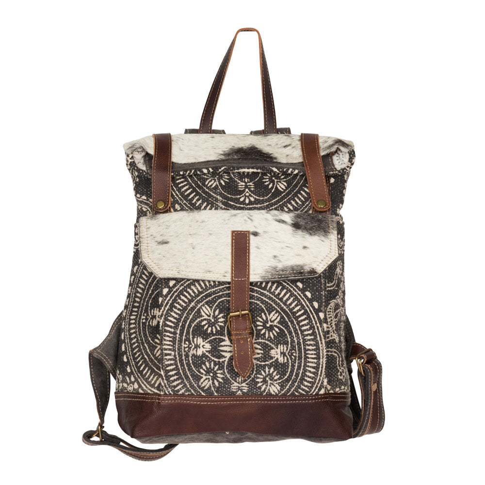 Myra Vibe with Me Hairon Canvas Backpack for Women Mandala Print, Leather Straps for Boho Travel & Western Day Trips