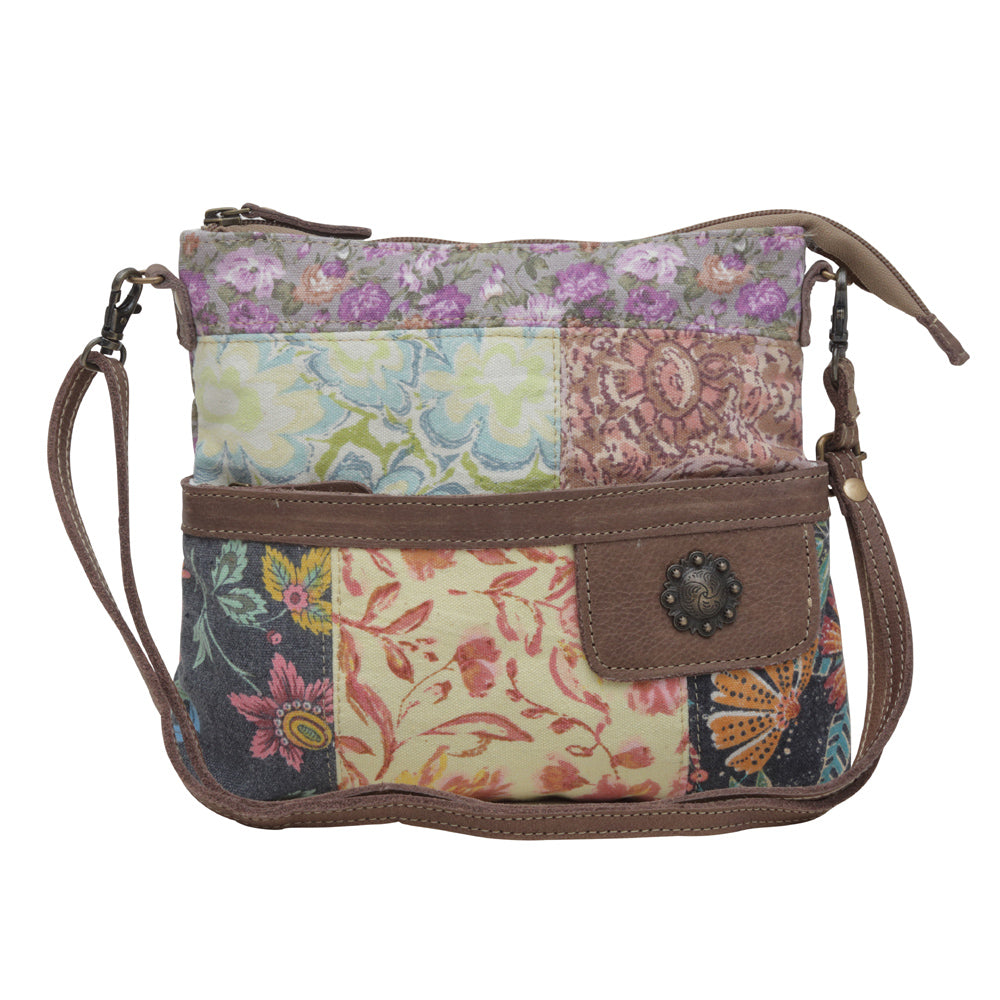 Myra La Fleur Patchwork Crossbody Bag â€“ Floral Canvas Panels, Brown Leather Accents, Boho Cowgirl Everyday Purse