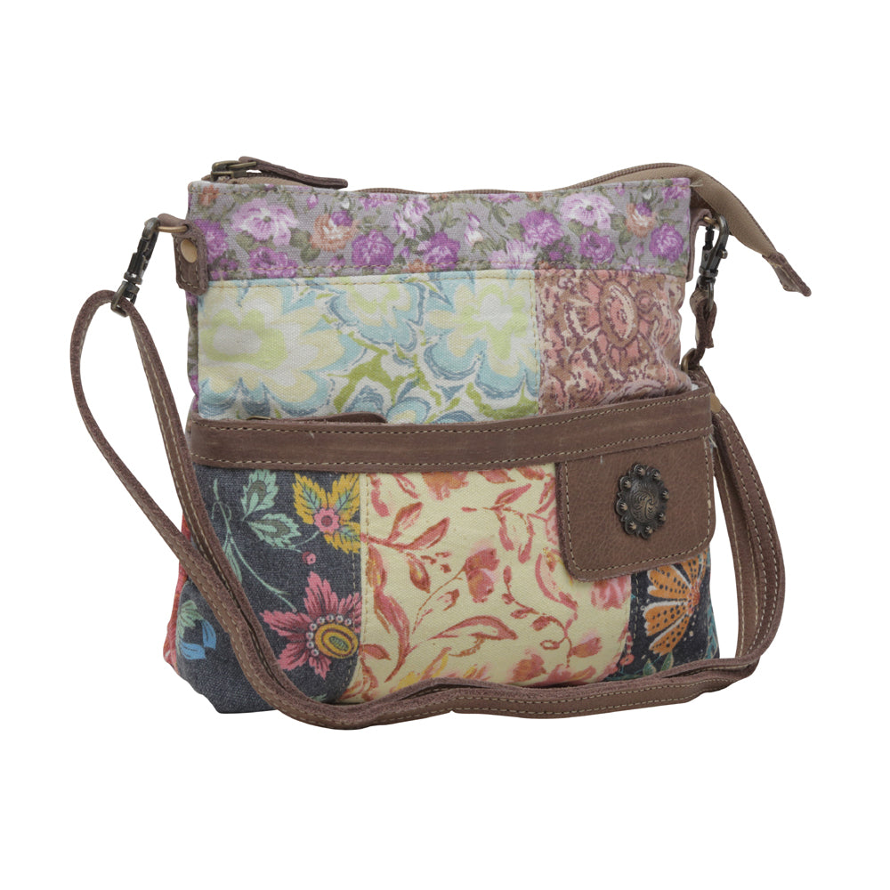 Myra La Fleur Patchwork Crossbody Bag â€“ Floral Canvas Panels, Brown Leather Accents, Boho Cowgirl Everyday Purse