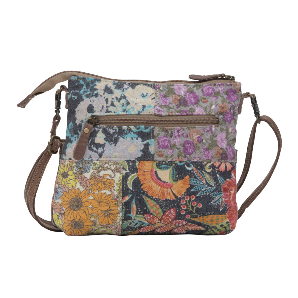 Myra La Fleur Patchwork Crossbody Bag â€“ Floral Canvas Panels, Brown Leather Accents, Boho Cowgirl Everyday Purse