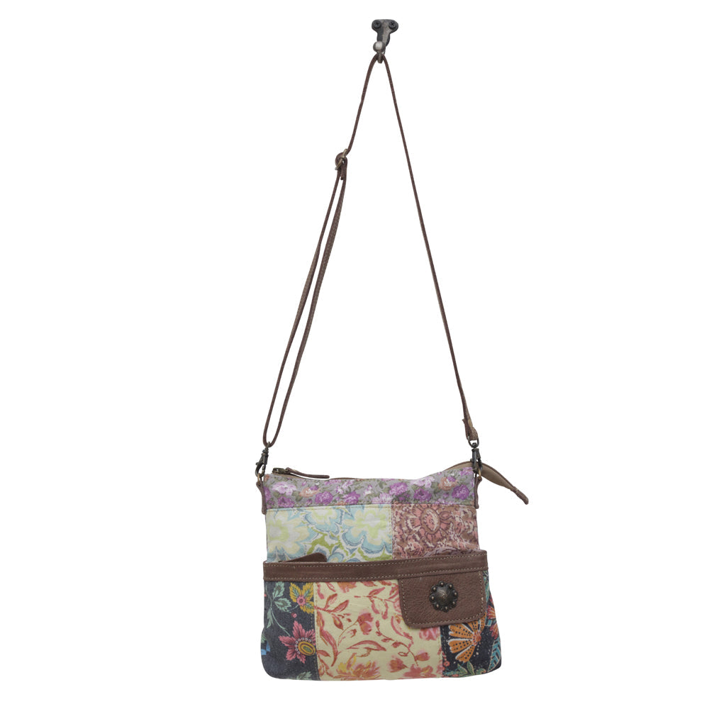 Myra La Fleur Patchwork Crossbody Bag â€“ Floral Canvas Panels, Brown Leather Accents, Boho Cowgirl Everyday Purse
