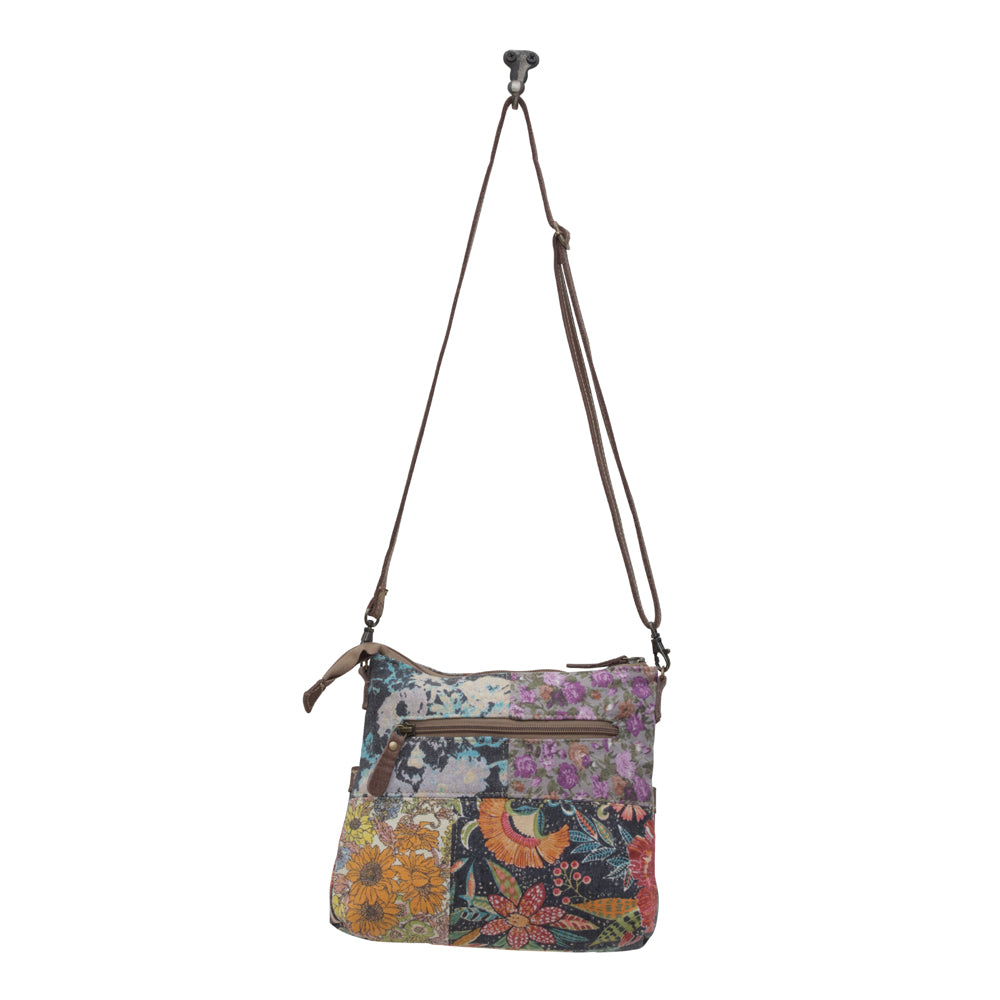 Myra La Fleur Patchwork Crossbody Bag â€“ Floral Canvas Panels, Brown Leather Accents, Boho Cowgirl Everyday Purse