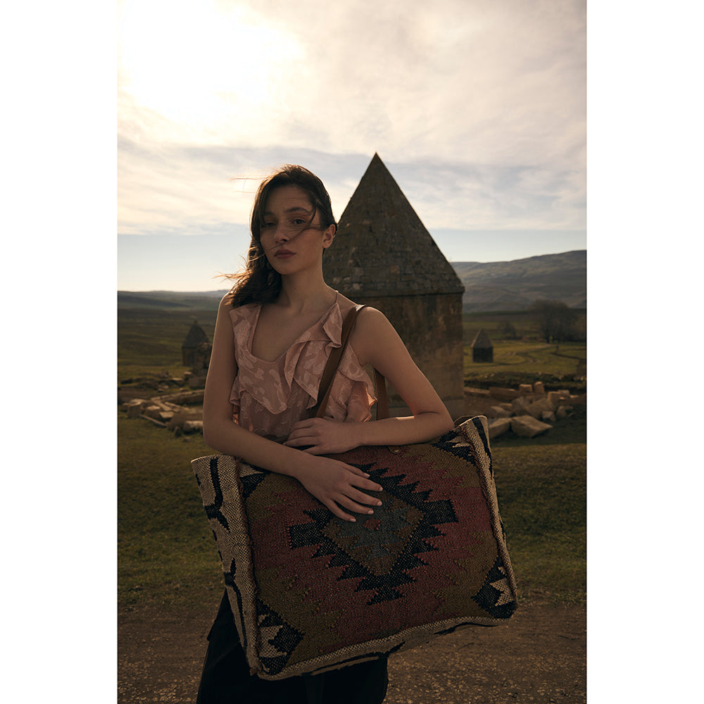 Myra Kaliko Hill Canvas Weekender Bag for Women Handwoven Boho Print with Dual Shoulder Handles