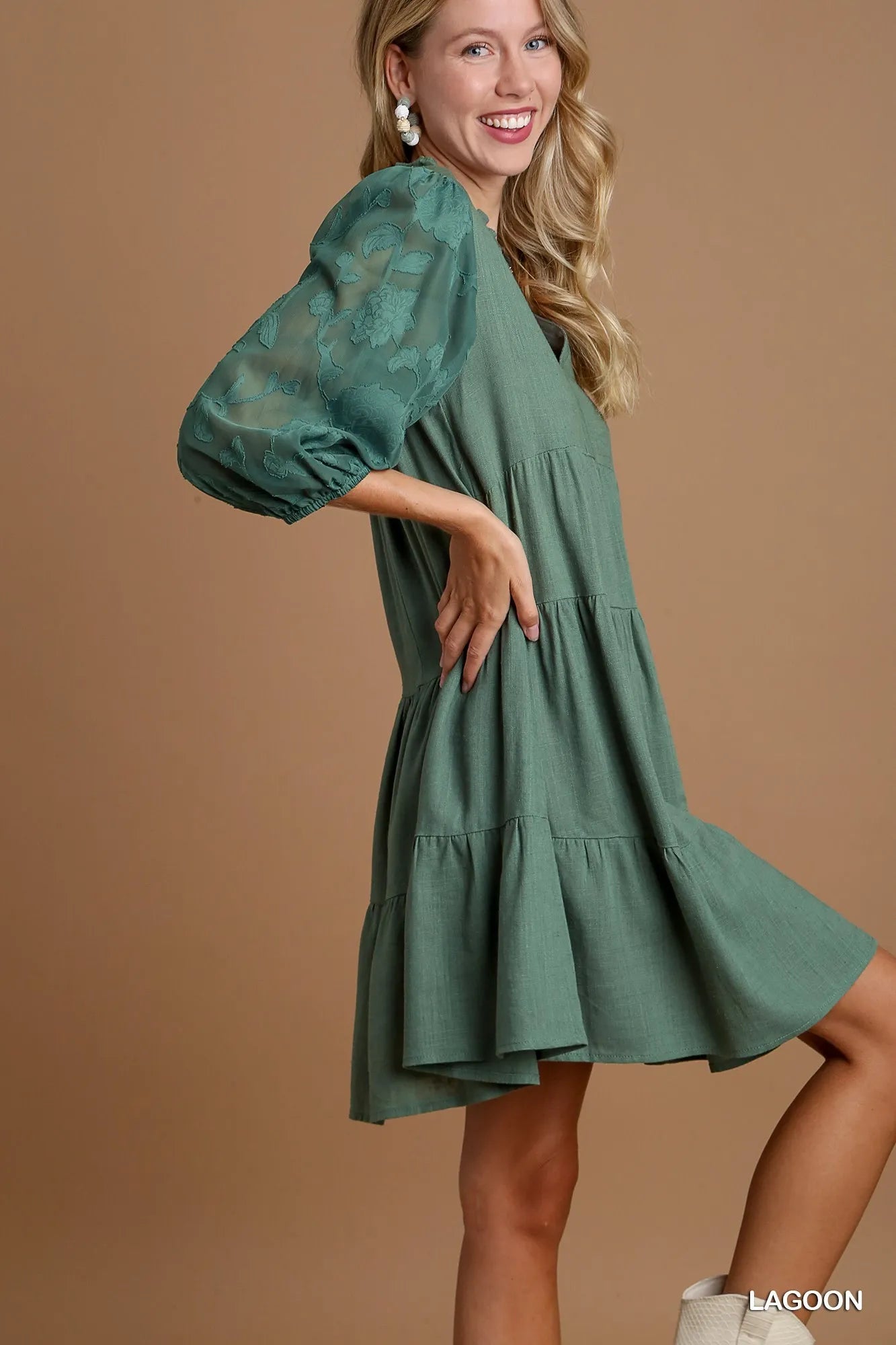 Umgee Floral Dress Refined Boho - Sophisticated Hippy Chic Floral Contrast Sleeve Tiered Dress