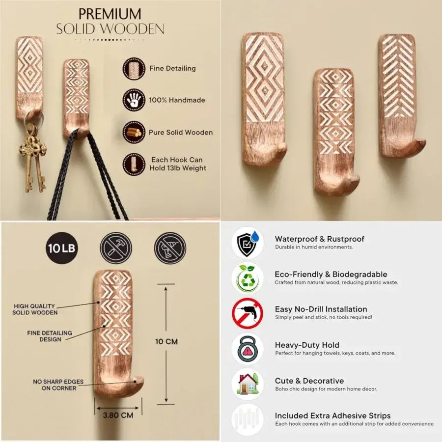 Boho adhesive wall hooks Decorative Wood Adhesive Wall Hooks for Coats
