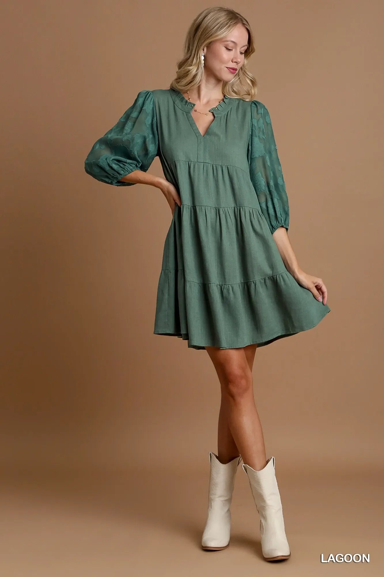 Umgee Floral Dress Refined Boho - Sophisticated Hippy Chic Floral Contrast Sleeve Tiered Dress