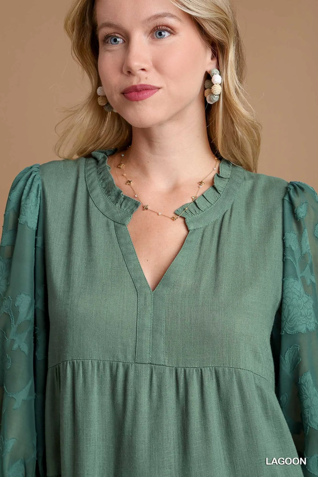 Umgee Floral Dress Refined Boho - Sophisticated Hippy Chic Floral Contrast Sleeve Tiered Dress