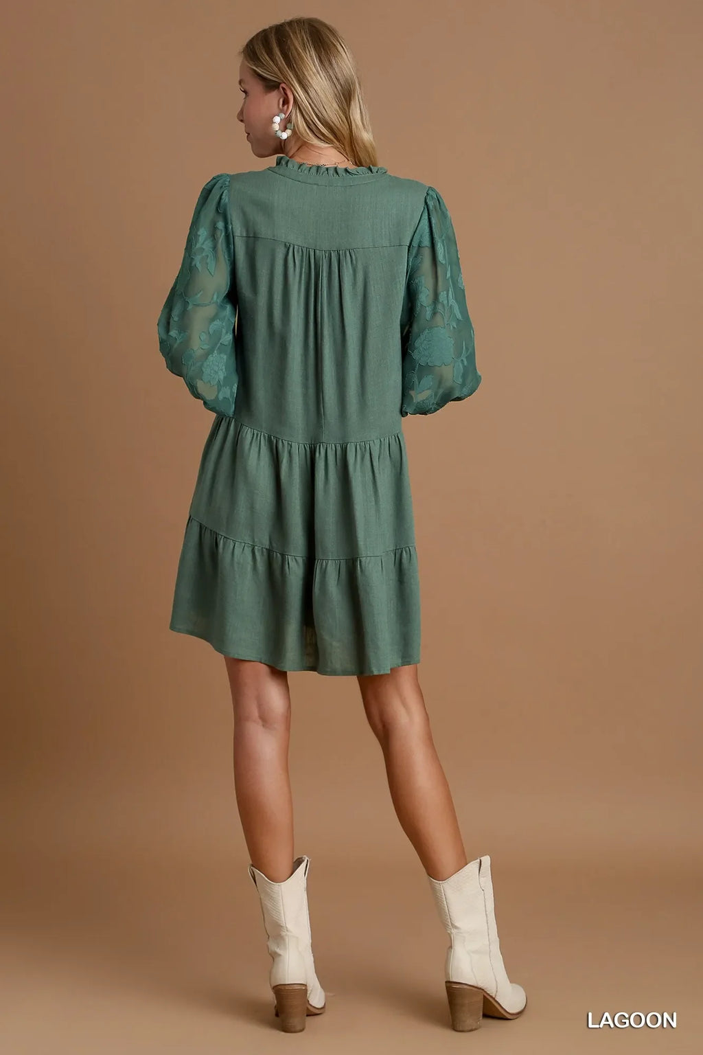 Umgee Floral Dress Refined Boho - Sophisticated Hippy Chic Floral Contrast Sleeve Tiered Dress